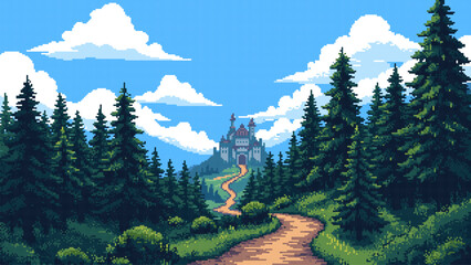 Aufkleber - pixel art game level background, forest, road to the castle, clouds. 8bit retro arcade game. vector illustration