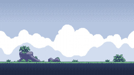 Aufkleber - pixel art retro game level, 8 bit 2d video game background, pixel template. Vector illustration
