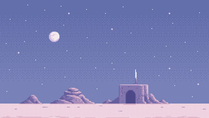 Aufkleber - pixel art game level background, alien desert, underground dwelling, star wars, starry sky. 8bit retro arcade game. vector illustration