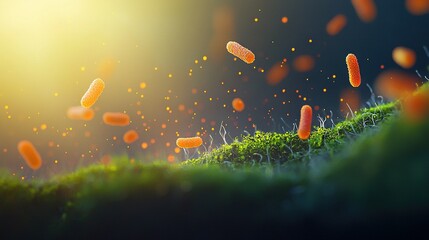 Poster - image of a group of flying germs in sunlight over a mossy area