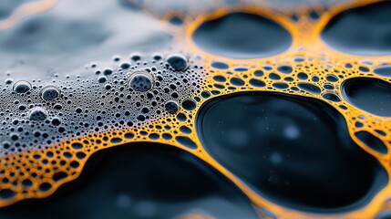 Poster - a focused image of a yellow and black surface with numerous water drops on its base