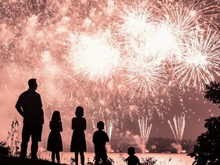 Wall Mural - Fireworks bursting in the sky as families gather outside for New Year's Eve celebrations