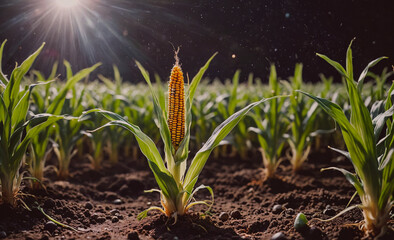Poster - Corn stalk with a yellow ear is in a field. The field is full of corn stalks