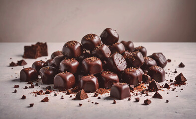 Aufkleber - Pile of chocolate covered candies with some crumbs on the table. The candies are in different shapes and sizes