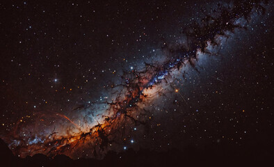 Poster - long, thin, orange and blue line of stars. the stars are in the sky. the sky is dark