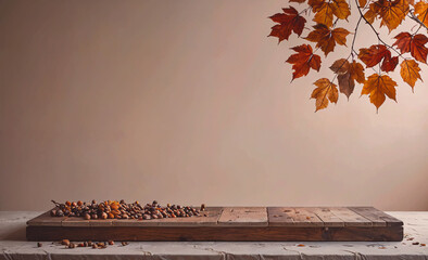 Aufkleber - Table with a pile of nuts on it. The table is empty. There is a leaf on the table
