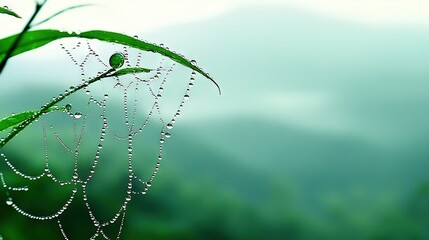 Wall Mural -   A close-up of a plant with water drops on its leaves and a mountain in the background