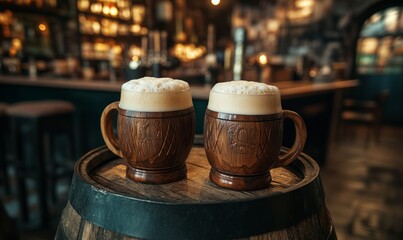 Wall Mural - Two wooden beer mugs filled with frothy beer sit on a barrel in a rustic bar setting, creating a cozy and inviting atmosphere.