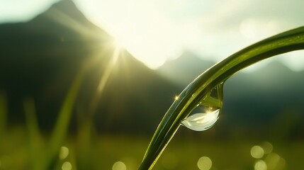 Wall Mural - a close-up photo of a dewdrop on a blade of grass under the sunlight filtering through the cloudy sk