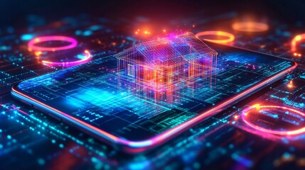 Poster - Smartphone projecting a detailed 3D model of a house in a futuristic digital environment