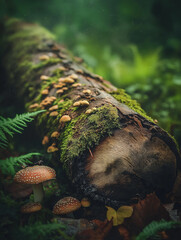 Wall Mural - Moosbedeckter Baumstamm mit Pilzen im mystischen Wald

