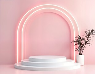 Leinwandbilder - Empty minimalist scene with pink neon arch. White podium steps situated in front of arch. Dark plant in white pot on right of podium. Modern, trendy design background perfect for product display