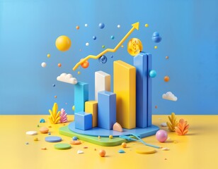 Aufkleber - Colorful 3D bar chart illustrates financial data growth trend. Abstract design shows increasing revenue with upward arrow, currency symbol. Elements include geometric shapes, clouds, plants, colorful