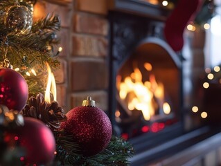 Wall Mural - Holiday season fireplace with vibrant flames, soft lighting, cozy holiday ambiance