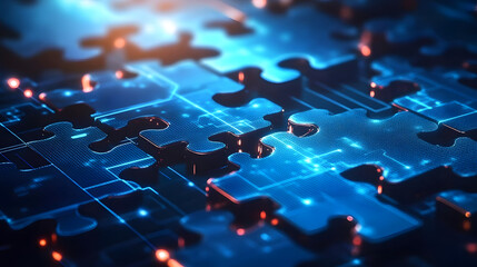 Poster - digital puzzle pieces interlocking seamlessly, glowing against a futuristic blue abstract background