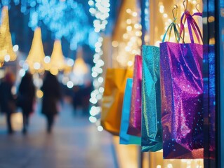 Wall Mural - Shopping spree with vibrant holiday bags, dynamic energy, festive lighting