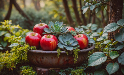 Aufkleber - Bowl of apples and a plant with green leaves. The apples are red and shiny