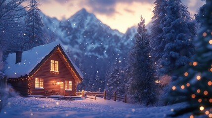 Wall Mural - Winter holiday vacation with vibrant mountain scenery, cozy cabin, soft lighting