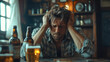 © Julia Zarubina - drunk sad man holding his head sitting at home or bar at table with empty beer bottles, glasses, alcohol, hangover, headache, alcoholic, alcoholism, sick guy after party