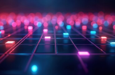 Aufkleber - Abstract design with glowing neon square lights. Dark background. Modern tech illustration. Colorful squares glow brightly. Reflecting light. Futuristic layout. Visually appealing art piece.