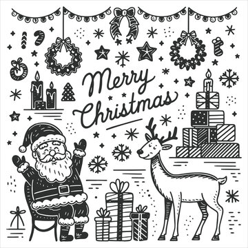 Christmas Elements Vector Line Drawing Set A White Background