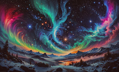 Poster - painting of a colorful sky with a large swirl of light. the sky is filled with stars and the colors 
