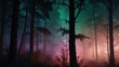 © ikk.gtg - Eerie, colorful fog shrouds a dark forest at night.