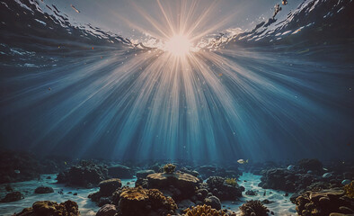 Poster - Bright sun is shining on the ocean. The water is clear and blue. There are many rocks on the bottom of the ocean