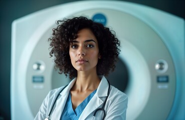 Aufkleber - Female doctor stands confidently near MRI machine in hospital. Professional healthcare image shows determination. Medical tech expert in radiology. Diagnostic process. Future tech, healthcare trend.