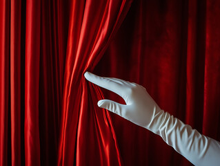 Fototapete - Hand in a white glove pulls back a luxurious red curtain, symbolizing the exciting reveal of a new beginning or event