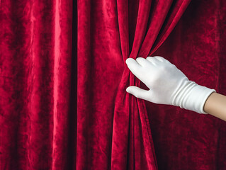 Wall Mural - Hand in a white glove pulls back a luxurious red curtain, symbolizing the exciting reveal of a new beginning or event