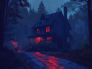 Aufkleber - Haunted house in the woods, murder mystery story with a dark house at night, the windows have a red glow to them and the creepy darkness extends to a street and a forest, wallpaper