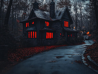 Poster - Haunted house in the woods, murder mystery story with a dark house at night, the windows have a red glow to them and the creepy darkness extends to a street and a forest, wallpaper