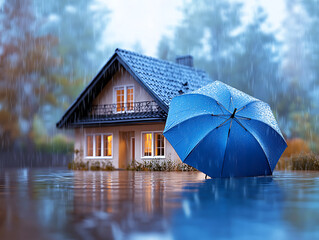 Poster - House covered with blue umbrella to protect it from rain and storm, flood on the streets, concept of home insurance