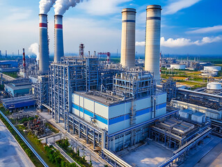 Poster - Industrial power plant with thick co2 smoke from chimney, pollution and carbon dioxide emissions footprint from fossil fuel burning, global warming cause and urban environment problem from factories