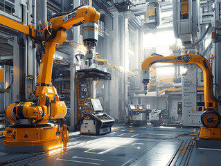 Aufkleber - Industry 4, 0 smart factory interior showcases advanced automation, machinery, and robotics in a futuristic industrial setting, innovation, engineering, and interconnected systems