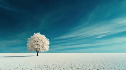 Poster - Solitary tree stands in a vast, snowy landscape under a clear blue sky, AI