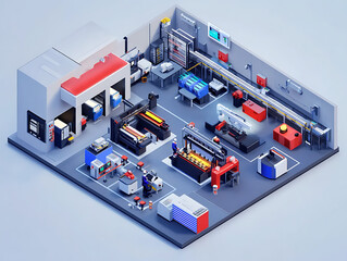 Poster - Industry 4, 0 smart factory interior showcases advanced automation, machinery, and robotics in a futuristic industrial setting, innovation, engineering, and interconnected systems