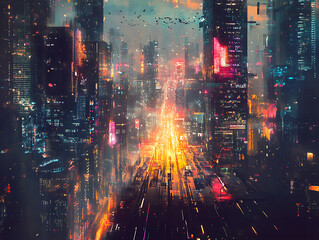 Poster - Modern city with communication network, online connection and data traffic, telecommunications and technology background