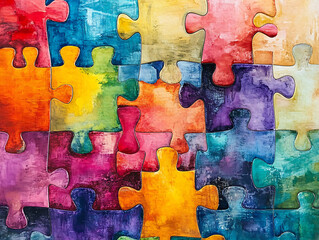 Poster - Interlocking puzzle pieces with a watercolor texture, symbolizing connection and diversity in a colorful, abstract design