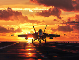 Poster - Jet fighter on an aircraft carrier at sunset, illustration