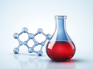 Poster - Laboratory glassware in laboratory, blue red glass flask vial and chemical structure in research medical science technology background
