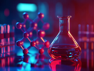 Aufkleber - Laboratory glassware in laboratory, blue red glass flask vial and chemical structure in research medical science technology background