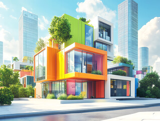 Aufkleber - Modern smart home, against the background of high-rise buildings, a colorful illustration of new houses, a conceptual futuristic modular house of the future, 3d artwork