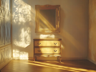 Poster - Light exhibition room interior with drawer and decoration, mockup frame