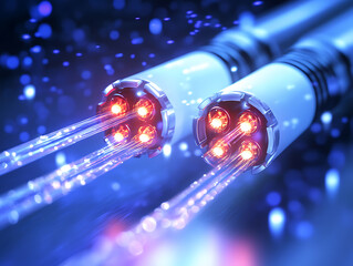 Aufkleber - Network cables and optical fibers with lights in the ends, blue background