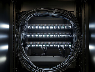 Leinwandbilder - Network switch and ethernet cable in rack cabinet, network connection technology and has a status led to show working status, concept of infrastructure with cables connected to data center