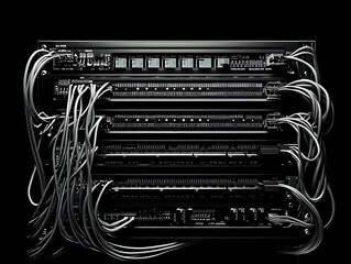 Poster - Network switch and ethernet cable in rack cabinet, network connection technology and has a status led to show working status, concept of infrastructure with cables connected to data center