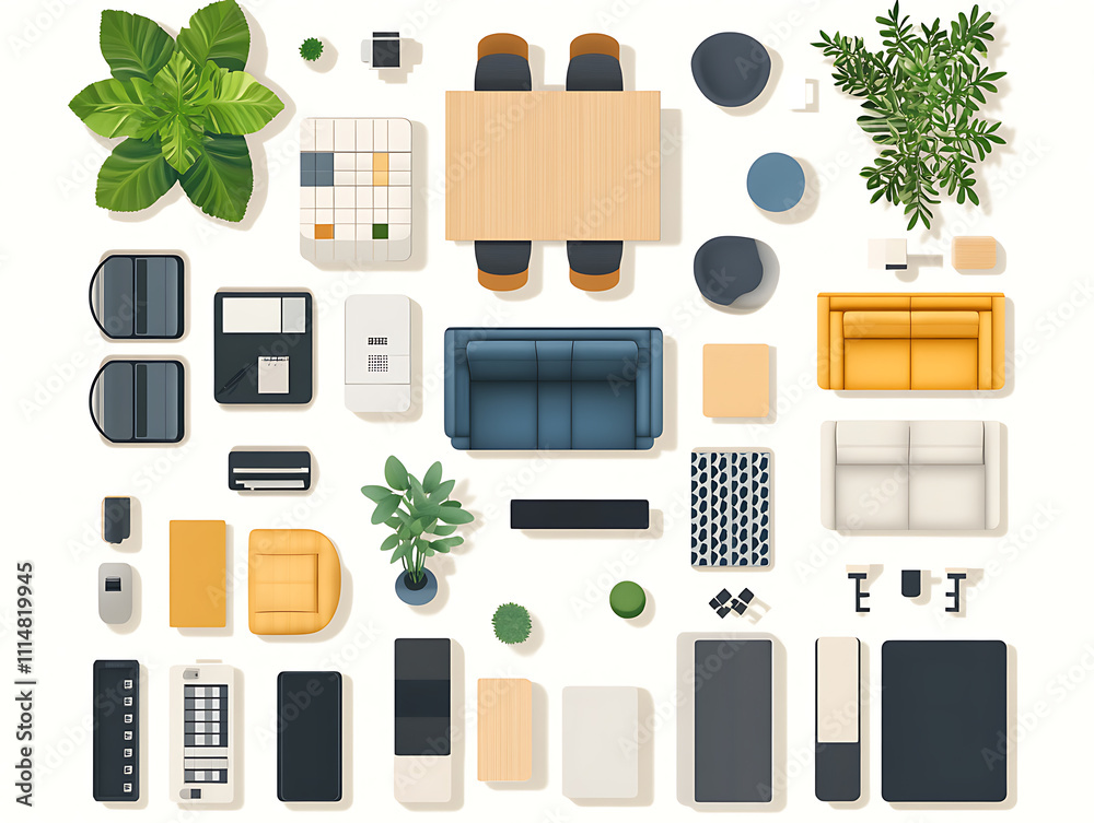 Office furniture top view elements set, kit for a workspace, apartment ...