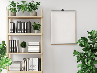Poster - Office bookcase above white wall, empty space, plants and folders